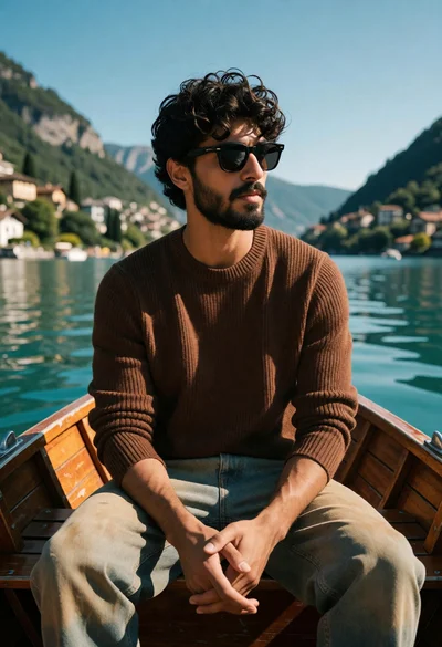 Young man in boat on lake surrounded by green hills under blue