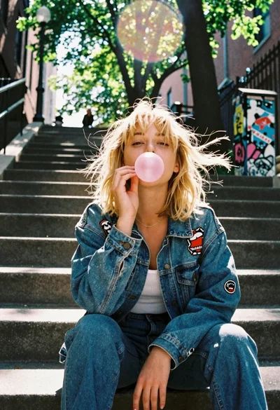 Blonde woman blowing bubblegum on outdoor concrete steps