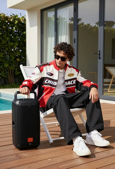 Man in racing jacket sitting on lounge chair near black portable speaker
