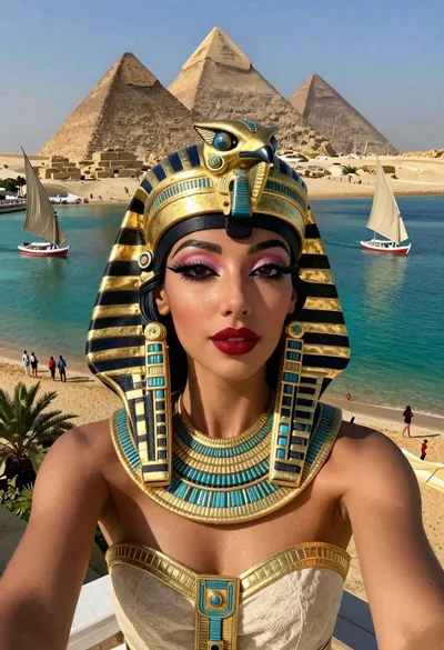 Woman in pharaoh attire by giza pyramids and sea