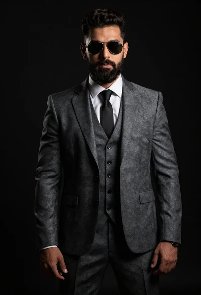 Studio portrait of man in formal suit against black background