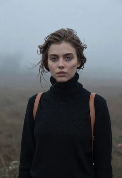 Portrait of woman in black sweater in thick fog