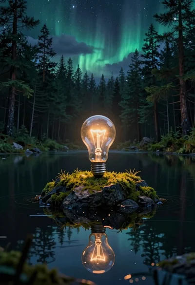 Lightbulb on rock in dark lake under starry sky