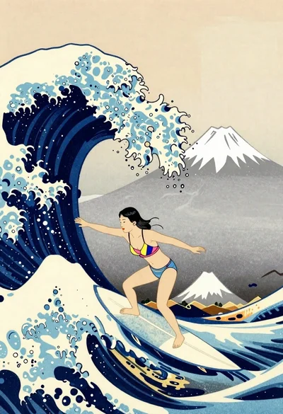 Surfer riding massive wave near mount fuji woodblock style