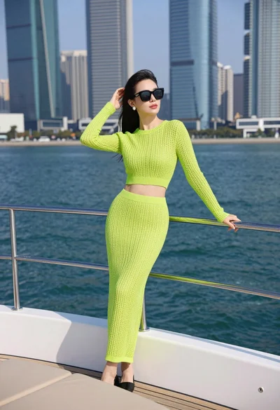 Woman in neon lime green knit outfit on yacht overlooking city skyline
