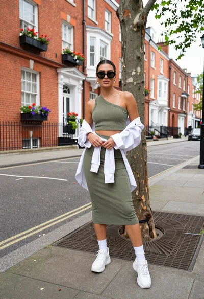 Stylish woman posing on a city sidewalk near red brick townhouses