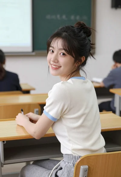 Young east asian woman smiling over shoulder at wooden desk in classroom