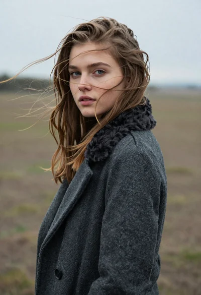 Portrait of young woman with brown hair looking over shoulder