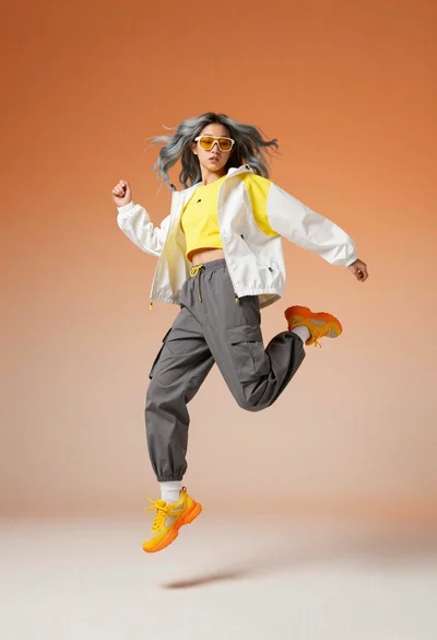 Young woman jumping midair in white windbreaker jacket against orange gradient studio