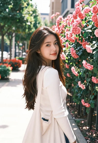 Young woman with long dark hair stands in sunlit garden path looking