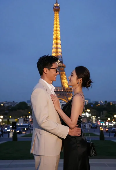 Romantic couple embracing in front of illuminated eiffel tower at twilight