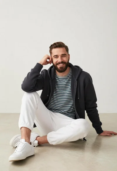 Man sitting casually in studio against plain backdrop
