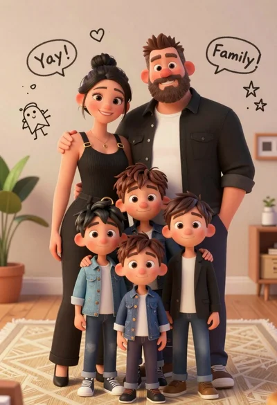 Warm family portrait of mother father and three young sons indoors