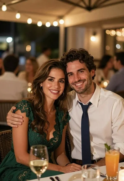 Smiling couple sitting closely together at a dinner party outdoors at night