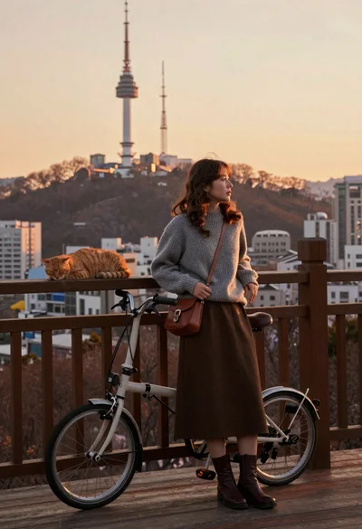 Young woman in grey sweater leaning on railing with bicycle and cat