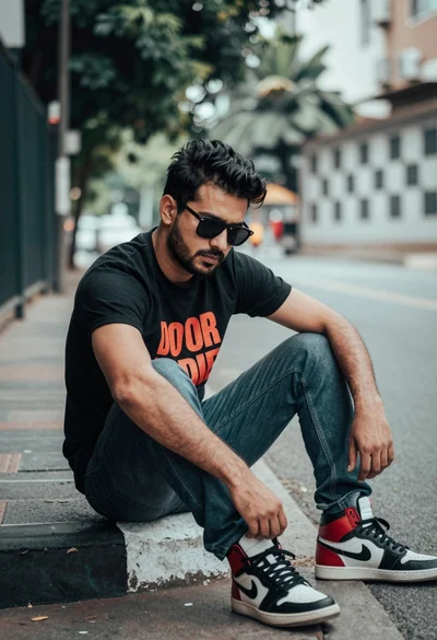 Man sitting casually on an urban street curb wearing black tshirt