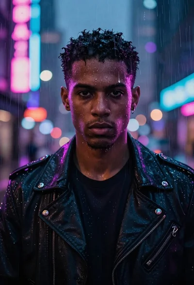 Man in leather jacket under vibrant neon rain