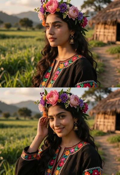 Young woman in floral crown standing in sunlit rural landscape setting