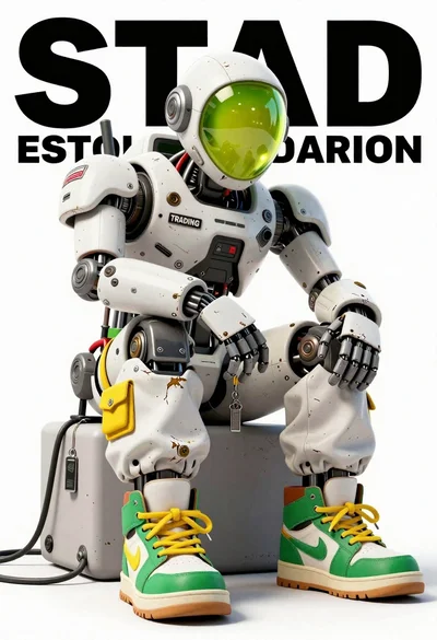 Anthropomorphic robot sitting on white studio background