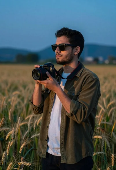 Young man with dark hair holding a camera in a wheat field