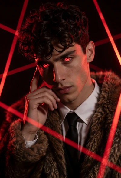 Young man with glowing red eyes in dark studio setting with lasers