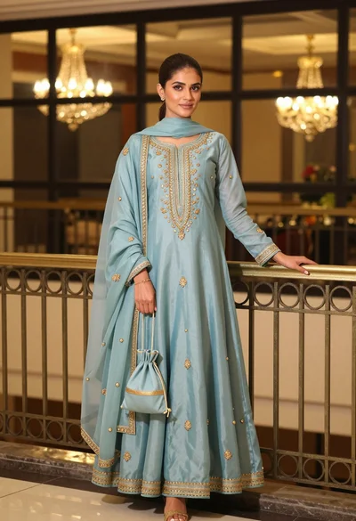 Young woman in light blue embroidered traditional outfit leaning on metal railing
