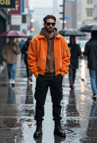 Stylish man in orange jacket on wet city sidewalk