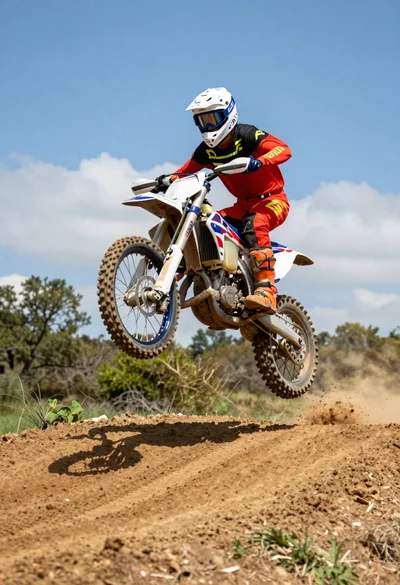 Motocross rider midair jumping dirt bike against bright blue sky