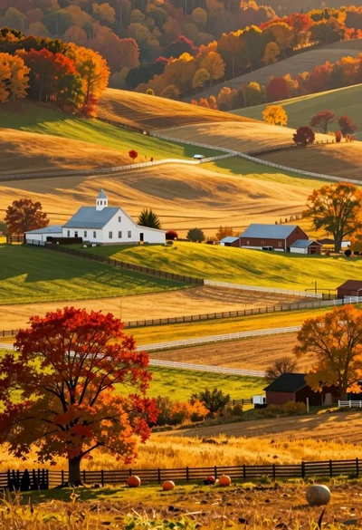 Vibrant autumn landscape of rolling hills farmhouse and colorful fields
