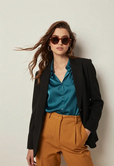 Fashion portrait of woman in blazer and yellow trousers