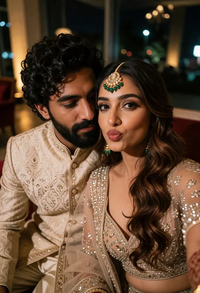 Close up selfie of couple in traditional indian wedding attire indoors