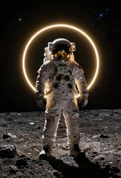 Astronaut standing on dark lunar surface at night