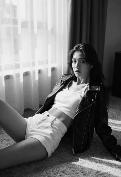 Young woman in black leather jacket on carpeted floor indoors