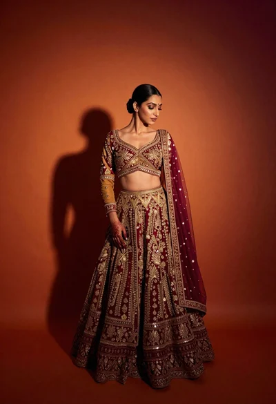 Full body portrait of woman in embroidered lehenga choli against gradient backdrop