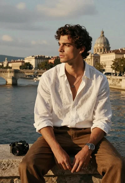 Handsome young man with dark curly hair sits on stone ledge by
