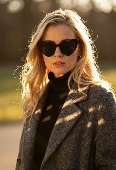 Closeup portrait of blonde woman in heartshaped sunglasses wearing dark coat