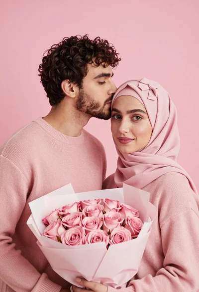 Romantic portrait of couple kissing against pastel pink studio backdrop