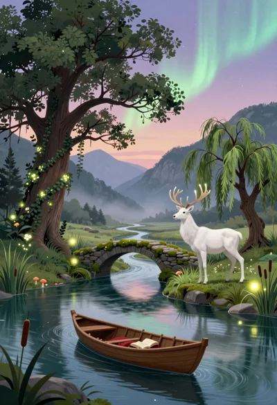 Serene fantasy landscape river mountains aurora borealis ancient tree white stag