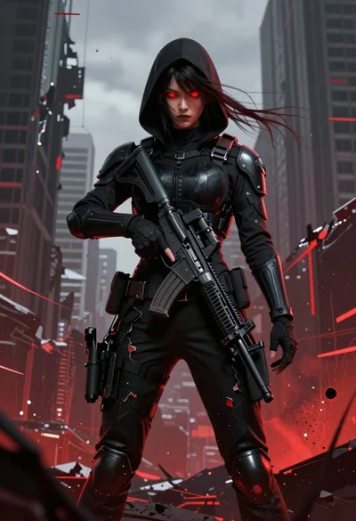 Female figure in tactical gear with assault rifle