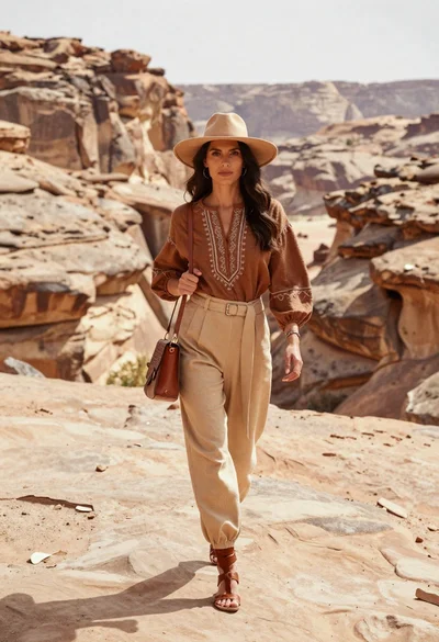 Confident woman in bohemian attire walking through a rugged desert canyon landscape