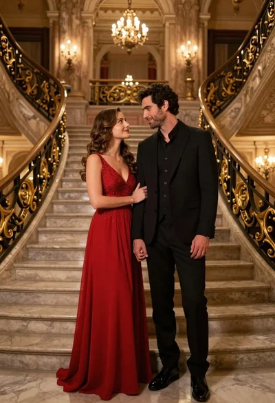 Couple in formal evening wear standing in an opulent ballroom