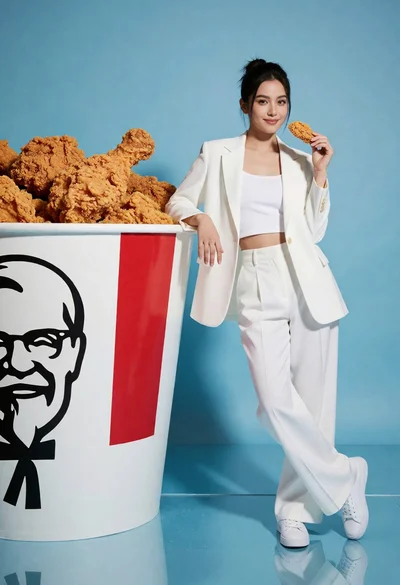 Woman in white suit posing next to giant kfc bucket against blue
