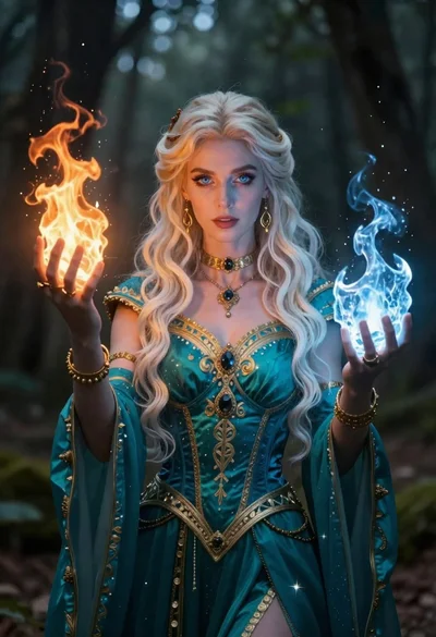 Female mage holding glowing fire and ice orbs