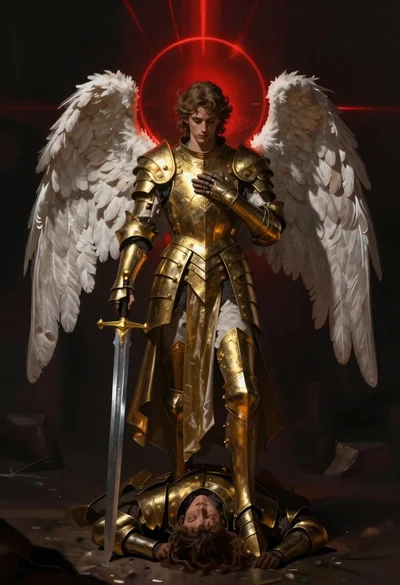 Armored angel with white wings holding a sword