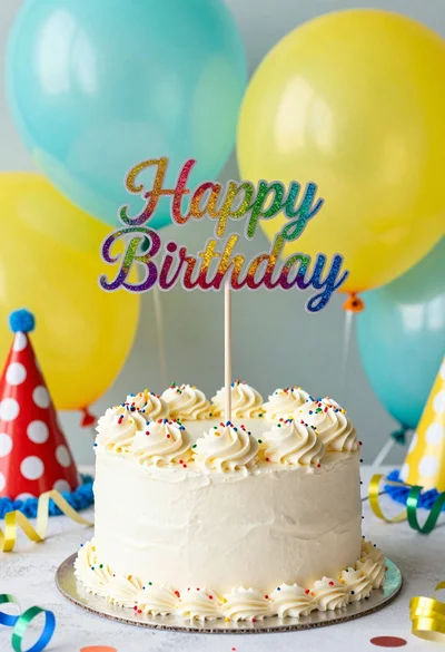 Close up view of white frosted birthday cake with rainbow glitter topper