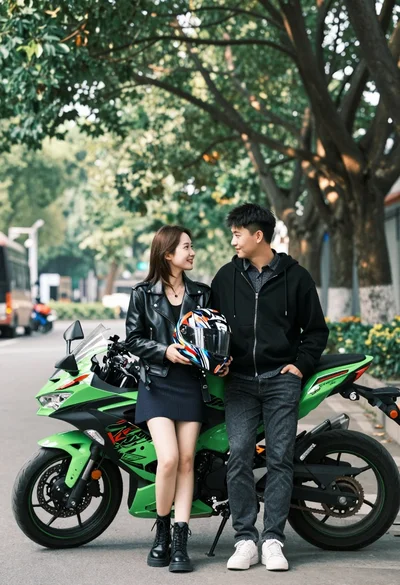 Young couple posing affectionately by bright green sport motorcycle under large trees