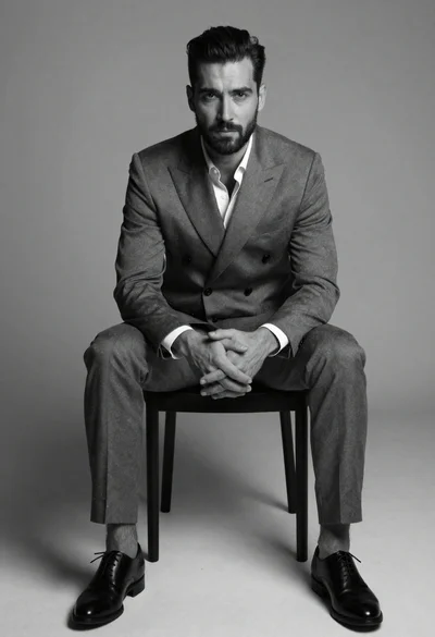 Black and white studio portrait of a man sitting