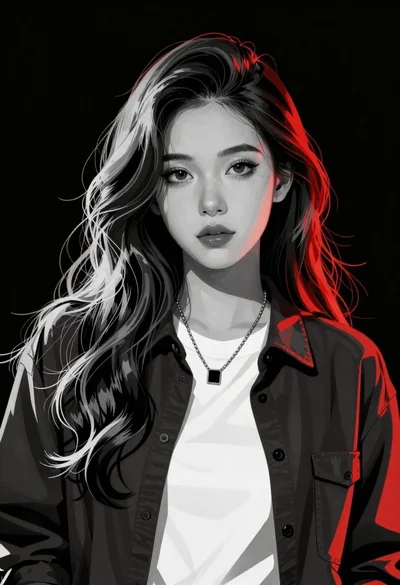 Young woman with black and white tones and glowing red highlights in