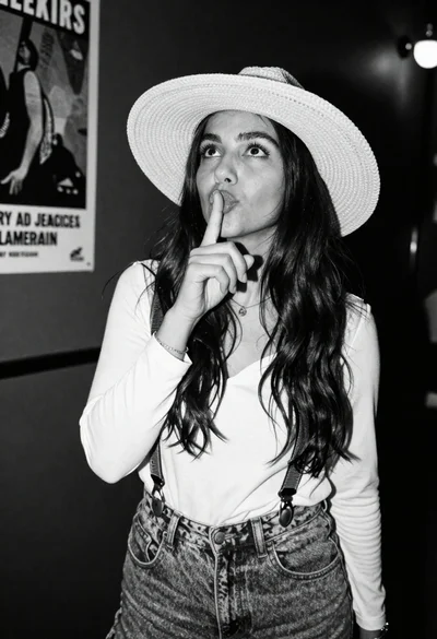 Black and white photo of woman in hat shushing gesture indoors