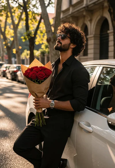 Man leaning against white car holding red roses on sundappled city street